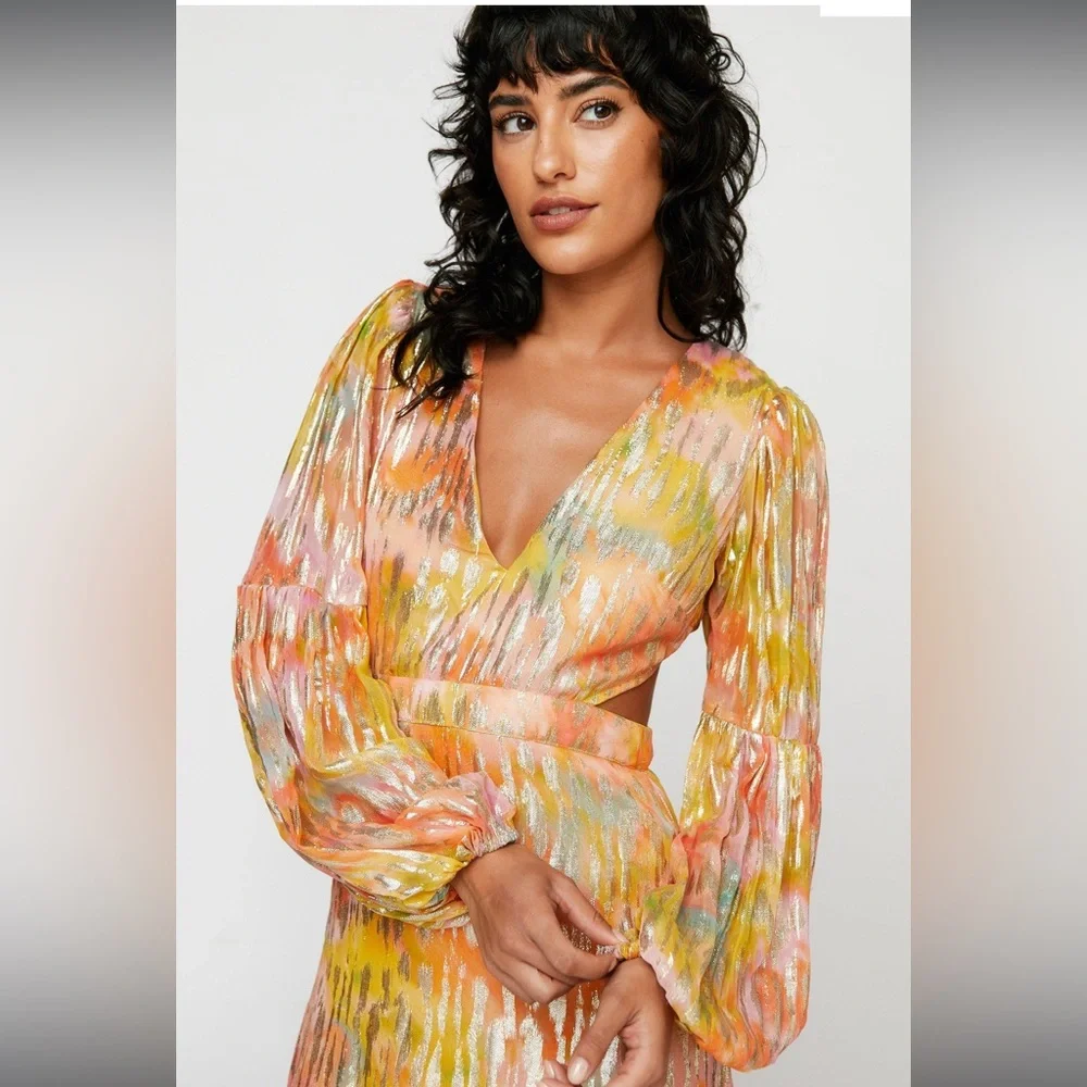 Metallic Blurred Floral Open Back Maxi Dress - Picture 2 of 4